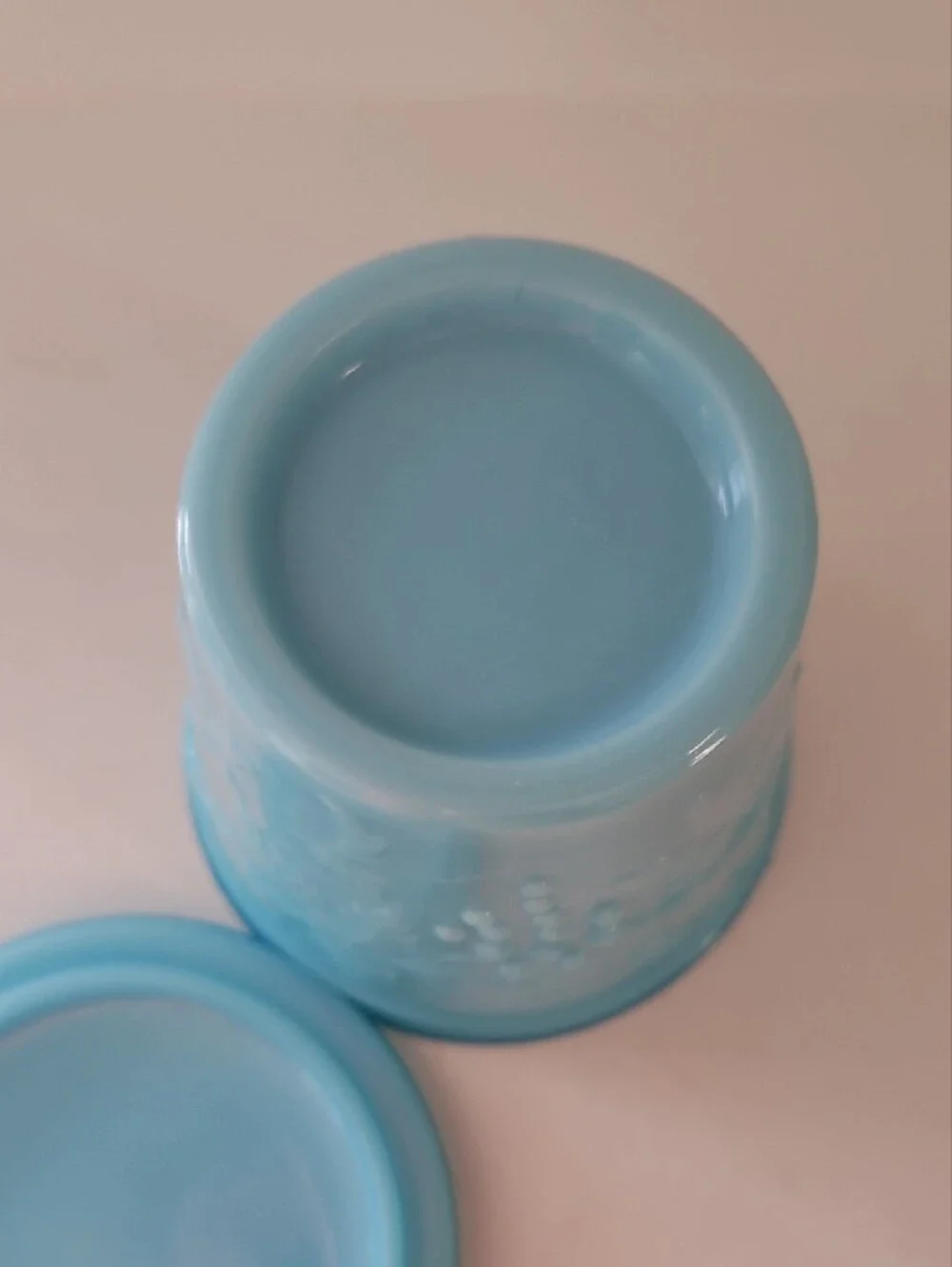 Vintage Portieux Vallerysthal French blue opaline (or milk glass) lidded jar